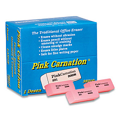 Dixon Pink Carnation Erasers, For Pencil Marks, Rectangular Block, Large, Pink, Dozen (38910)