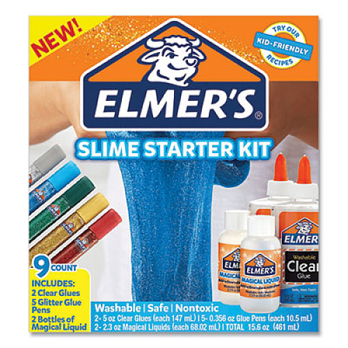 Elmer's Slime Starter Pack, Two 5 oz. School Glues, Five 0.36 oz. Glitter Glue Pens Two 2.3 oz Magical Liquid Bottles (2024015)
