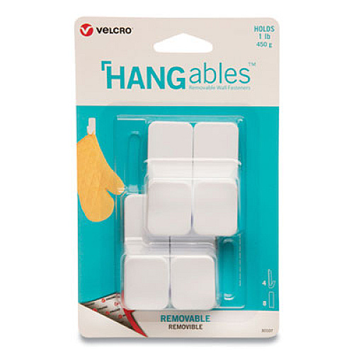 VELCRO Brand HANGables Removable Wall Hooks, Small, 1 lb Capacity, White, 4 Hooks and 4 Fasteners (30107USA)