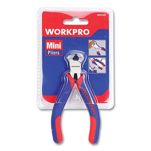 Workpro Mini End-Cutting Pliers, 5" Long, Ni-Fe-Coated Drop-Forged Carbon Steel, Blue/Red Soft-Grip Handle (W031020WE)