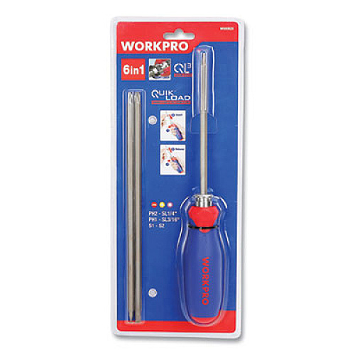 Workpro QuickLoad QL3 6-in-1 Driver, 3/16" and 1/4" Slotted, #1 and #2 Phillips, S1 and S2 Hex, 9" Shafts (W000828WE)