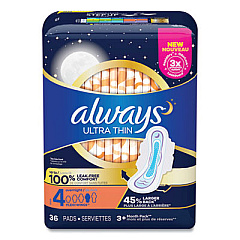 Always Ultra Thin Overnight Pads with Wings, 36/Pack, 6 Packs/Carton (25560)