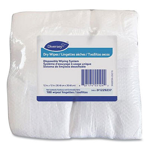 Diversey Dry Wipe Disposable Wiping System, 1-Ply, 12 x 12, White, 100/Pack, 6 Packs/Carton (D1229237)
