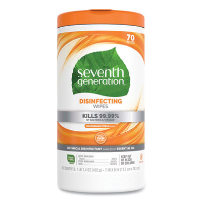 Seventh Generation Botanical Disinfecting Wipes, 8 x 7, Lemongrass Citrus, 70 Count (22813EA)