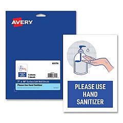 Avery Preprinted Surface Safe Wall Decals, 7 x 10, Please Use Hand Sanitizer, White Face, Blue/Gray Graphics, 5/Pack (83179)