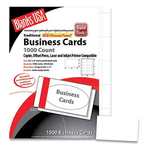Blanks/USA Printable Microperforated Business Cards, Copier/Inkjet/Laser/Offset, 2 x 3.5, White, 1,000 Cards, 10/Sheet, 100 Sheets/Pack (10S8WH)