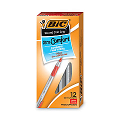 BIC Round Stic Grip Xtra Comfort Ballpoint Pen, Stick, Fine 0.8 mm, Red Ink, Gray/Red Barrel, Dozen (GSFG11RD)