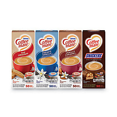 Coffee mate Liquid Coffee Creamer, Original/French Vanilla/Snickers/Vanilla Caramel, 0.38oz MiniCups, 50/PK,4 PK/CT (70000092)