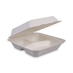 Boardwalk Bagasse Food Containers, Hinged-Lid, 3-Compartment 9 x 9 x 3.19, White, 100/Sleeve, 2 Sleeves/Carton (BWKHINGEWF3CM9)