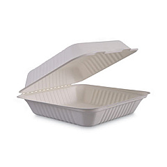 Boardwalk Bagasse Food Containers, Hinged-Lid, 1-Compartment 9 x 9 x 3.19, White, 100/Sleeve, 2 Sleeves/Carton (BWKHINGEWF1CM9)