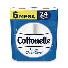 Cottonelle Ultra CleanCare Toilet Paper, Strong Tissue, Mega Rolls, Septic Safe, 1-Ply, White, 340 Sheets/Roll, 6 Rolls/Pack, 6 Packs/CT (47747)