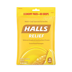 HALLS Relief Menthol Cough Suppressant - Oral Anesthetic, Honey-Lemon, 80/Pack, 2 Packs/Box (30400036)