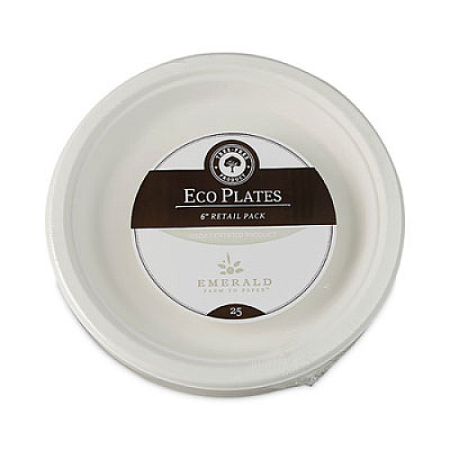 Emerald Tree-Free Farm to Paper Agricultural Waste Plate, 6" Diameter, White, 25/Box, 20 Boxes/Carton (PME01067)