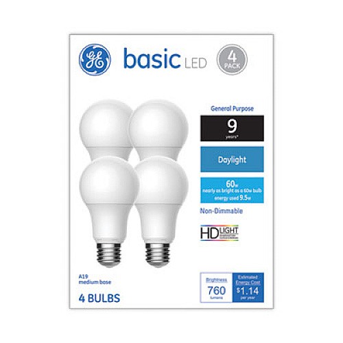 GE Basic LED Bulbs, A19, 10 W, Daylight, 4/Pack (37004)