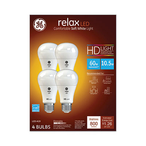 GE LED Relax LED Light Bulb, A19 Bulb, Dimmable, 10.5 W, Daylight, 4/Pack (42977)