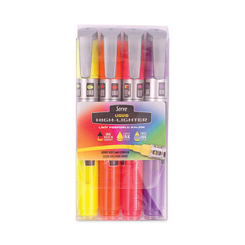 Serve Liquid Highlighters, Assorted Ink Colors, Chisel Tip, Clear Barrel, 4/Set (SVLKTFB4KRPA)