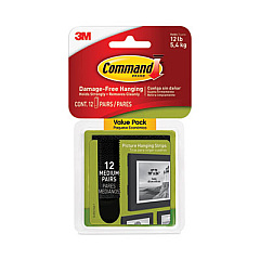 Command Picture Hanging Strips, Value Pack, Medium, Removable, Holds Up to 12 lbs,  0.75 x 2.75, Black, 12 Pairs/Pack (17204BLK12ES)