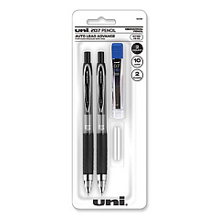 uniball 207 Mechanical Pencil w/ 10 Leads and 2 Erasers, 0.7 mm, HB (#2), Black Lead, Black Barrel, 2/Pack (90181)