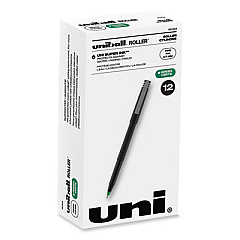 uni-ball Roller Ball Pen, Stick, Fine 0.7 mm, Green Ink, Black Matte Barrel, Dozen (60104)