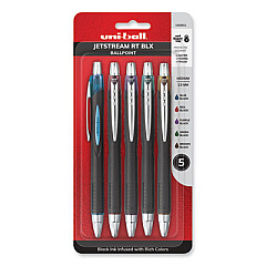uni-ball Jetstream Retractable Ballpoint Pen, 1 mm, Assorted Ink, Black Barrel, 5/Pack (1858851)