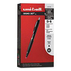 uni-ball 307 Gel Pen, Retractable, Medium 0.7 mm, Black Ink, Black Barrel, Dozen (1927258)