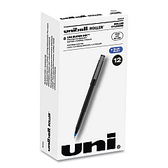 uniball Roller Ball Pen, Stick, Fine 0.7 mm, Blue Ink, Black Matte Barrel, Dozen (60103)