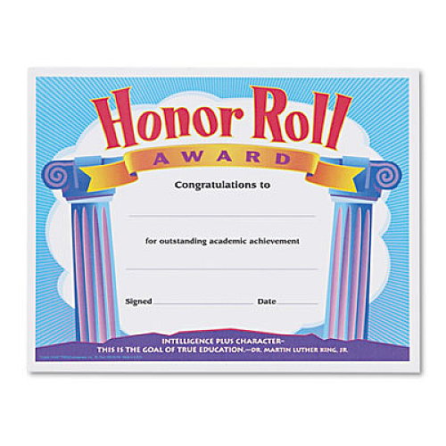 TREND Honor Roll Award Certificates, 11 x 8.5, Horizontal Orientation, Assorted Colors with White Borders, 30/Pack (T2959)