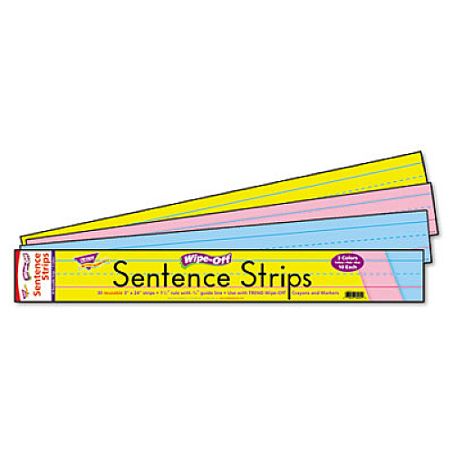 TREND Wipe-Off Sentence Strips, 24 x 3, Blue; Pink; Yellow, 30/Pack (T4002)