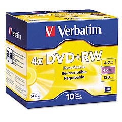 Verbatim DVD+RW Rewritable Disc, 4.7 GB, 4x, Slim Jewel Case, Silver, 10/Pack (94839)