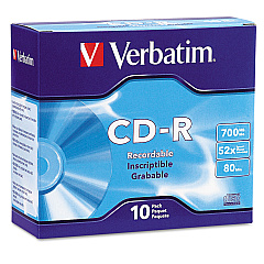 Verbatim CD-R Recordable Disc, 700 MB/80 min, 52x, Slim Jewel Case, Silver, 10/Pack (94935)