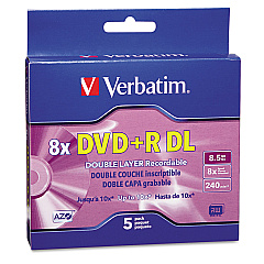 Verbatim DVD+R Dual-Layer Recordable Disc, 8.5 GB, 8x, Jewel Case, Silver, 5/Pack (95311)