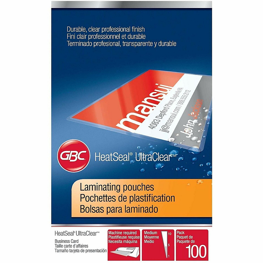 GBC HeatSeal UltraClear Laminating Pouches Laminating Pouch/Sheet Size: 2.18" Width x 3.68" Length x 7 mil Thickness - for Business Card - Clear - 100 / Box (3300371)