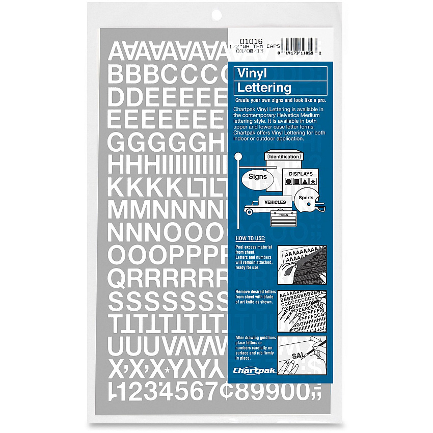 Chartpak Vinyl Helvetica Style Letters/Numbers 12 x Numbers, 167 x Capital Letters Shape - Self-adhesive - Helvetica Style - Easy to Use - 0.50" Height - White - Vinyl - 1 Pack (01016)