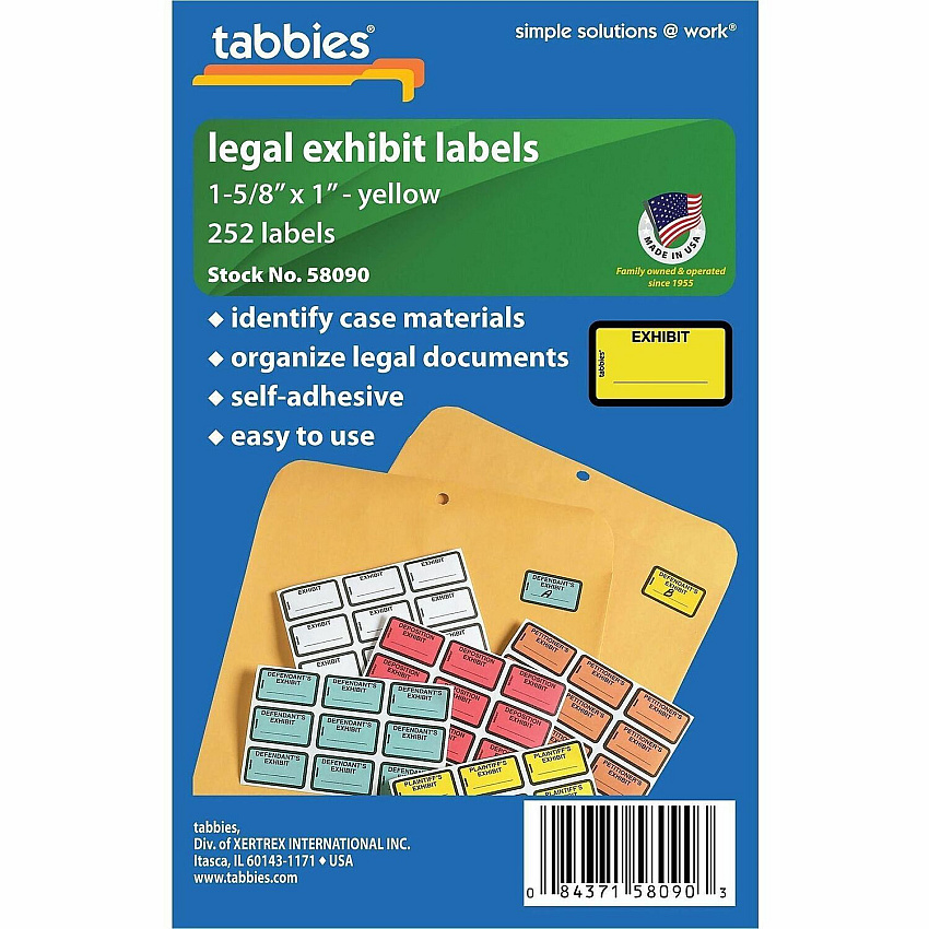 Tabbies Color-coded Legal Exhibit Labels 1 5/8" Width x 1" Length - Yellow - 252 / Pack (58090)