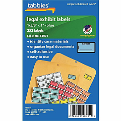 Tabbies Color-coded Legal Exhibit Labels 1 5/8" Width x 1" Length - Blue - 252 / Pack (58091) Tabbies Color-coded Legal Exhibit Labels 1 5/8" Width x 1" Length - Blue - 252 / Pack (58091)