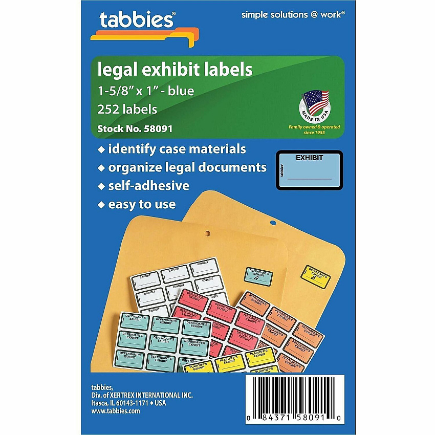Tabbies Color-coded Legal Exhibit Labels 1 5/8" Width x 1" Length - Blue - 252 / Pack (58091)
