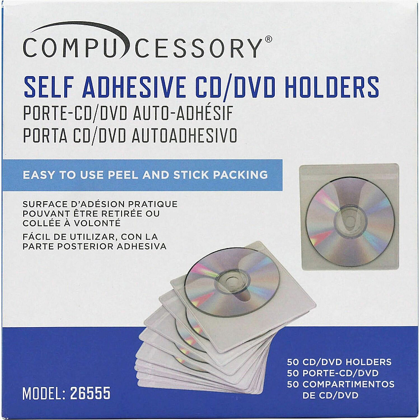 Compucessory Self-Adhesive Poly CD/DVD Holders 1 x CD/DVD Capacity - White - Polypropylene - 50 / Pack (26555)