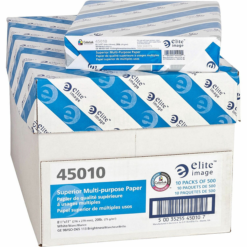 Elite Image Multipurpose Paper - White 98 Brightness - Letter - 8 1/2" x 11" - 20 lb Basis Weight - Sustainable Forestry Initiative (SFI) - Bright White - 500/Pack - 10 / Carton (45010)