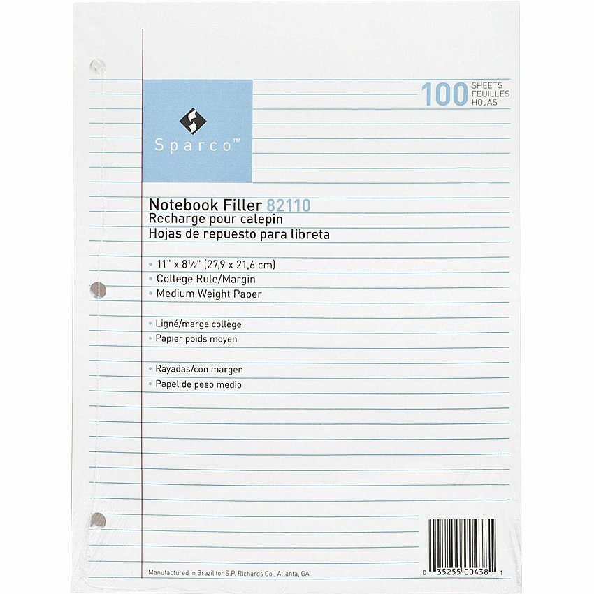 Sparco Notebook Filler Paper - Letter 100 Sheets - Ruled Red Margin - 16 lb Basis Weight - Letter - 8 1/2" x 11" Sheet Size - White Paper - Subject - 100 / Pack (82110)