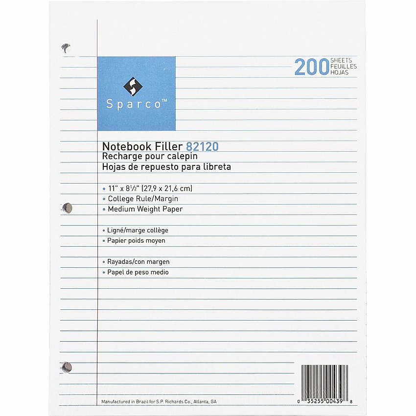 Sparco Notebook Filler Paper - Letter 200 Sheets - Ruled Red Margin - 16 lb Basis Weight - Letter - 8 1/2" x 11" Sheet Size - White Paper - Subject - 200 / Pack (82120)