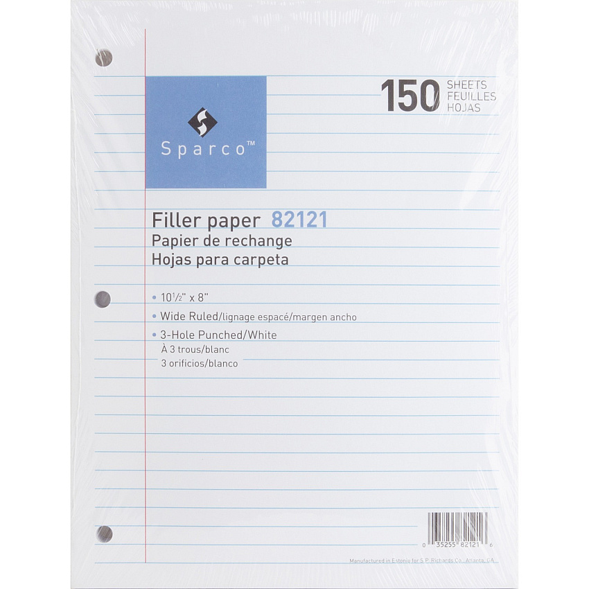 Sparco 3HP Filler Paper 150 Sheets - Wide Ruled Front Ruling - 16 lb Basis Weight - 8" x 10 1/2" Sheet Size - White Paper - Bleed-free - 150 / Pack (82121)
