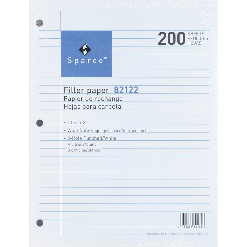 Sparco 3-hole Punched Filler Paper 200 Sheets - Wide Ruled Front Ruling - Ruled Red Margin - 16 lb Basis Weight - 8" x 10 1/2" Sheet Size - White Paper - Bleed-free - 200 / Pack (82122)