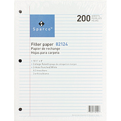 Sparco 3-hole Punched Filler Paper 200 Sheets - College Ruled Front Ruling - Ruled Red Margin - 16 lb Basis Weight - 8" x 10 1/2" Sheet Size - White Paper - Bleed-free - 200 / Pack (82124) Sparco 3-hole Punched Filler Paper 200 Sheets - College Ruled Front Ruling - Ruled Red Margin - 16 lb Basis Weight - 8" x 10 1/2" Sheet Size - White Paper - Bleed-free - 200 / Pack (82124)