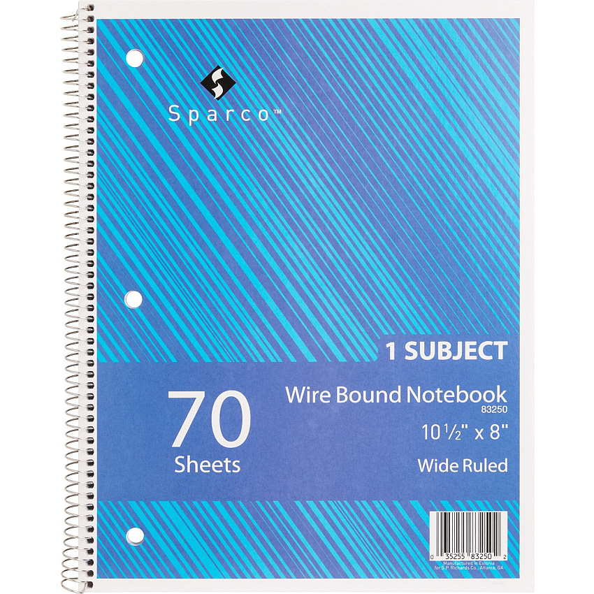 Sparco Quality 3HP Notebook 1 Subject(s) - 70 Sheets - Wire Bound - Wide Ruled Front Ruling - Unruled Margin - 16 lb Basis Weight - 8" x 10 1/2" Sheet Size - Bright White Paper - Assorted Chipboard Cover - Bleed Resistant, Stiff-cover - 1 Each (83250)