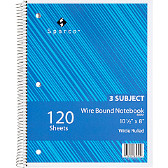 Sparco Quality 3HP Notebook 3 Subject(s) - 120 Sheets - Wire Bound - Wide Ruled Front Ruling - Unruled Margin - 16 lb Basis Weight - 8" x 10 1/2" Sheet Size - Bright White Paper - Assorted Chipboard Cover - Bleed Resistant, Stiff-cover - 1 Each (83251) Sparco Quality 3HP Notebook 3 Subject(s) - 120 Sheets - Wire Bound - Wide Ruled Front Ruling - Unruled Margin - 16 lb Basis Weight - 8" x 10 1/2" Sheet Size - Bright White Paper - Assorted Chipboard Cover - Bleed Resistant, Stiff-cover - 1 Each (83251)