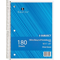 Sparco Quality 3HP Notebook 5 Subject(s) - 180 Sheets - Wire Bound - Wide Ruled Front Ruling - Unruled Margin - 16 lb Basis Weight - 8" x 10 1/2" Sheet Size - Bright White Paper - Assorted Chipboard Cover - Bleed Resistant, Stiff-cover - 1 Each (83252) Sparco Quality 3HP Notebook 5 Subject(s) - 180 Sheets - Wire Bound - Wide Ruled Front Ruling - Unruled Margin - 16 lb Basis Weight - 8" x 10 1/2" Sheet Size - Bright White Paper - Assorted Chipboard Cover - Bleed Resistant, Stiff-cover - 1 Each (83252)