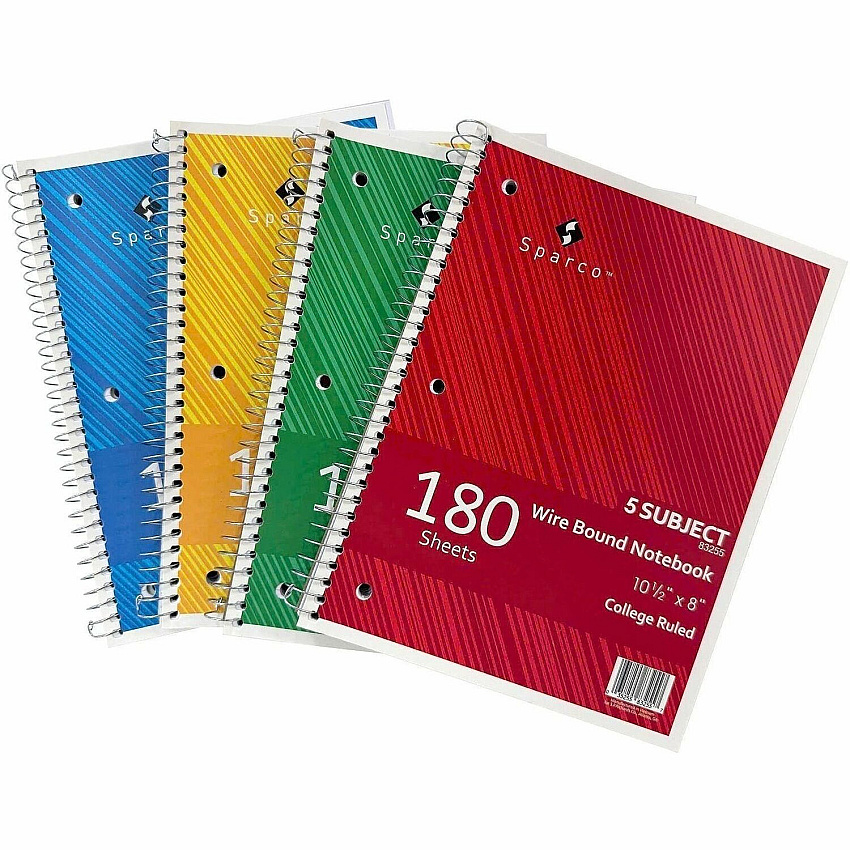 Sparco Wirebound College Ruled Notebooks 180 Sheets - Wire Bound - College Ruled Front Ruling - Unruled Margin - 8" x 10 1/2" Sheet Size - Assorted Paper - Assorted Chipboard Cover - Resist Bleed-through, Subject, Stiff-back, Stiff-cover - 1 Each (83255)
