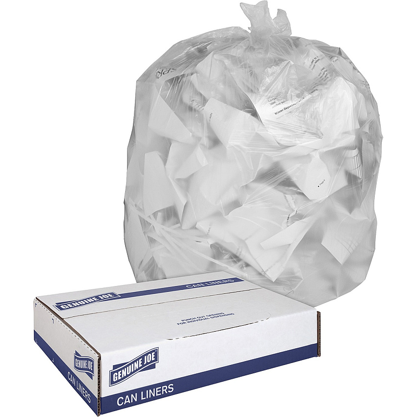 Genuine Joe Clear Trash Can Liners Medium Size - 30 gal Capacity - 36" Length x 30" Width x 0.60 mil (15 Micron) Thickness - Low Density - Clear - 250/Box - 1 Carton (GJO01012)