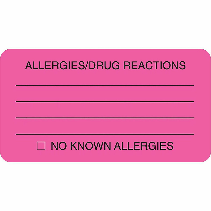 Tabbies ALLERY/DRUG REACTIONS Alert Labels 3 1/4" Width x 1 3/4" Length - Pink - 250 / Roll (01730)
