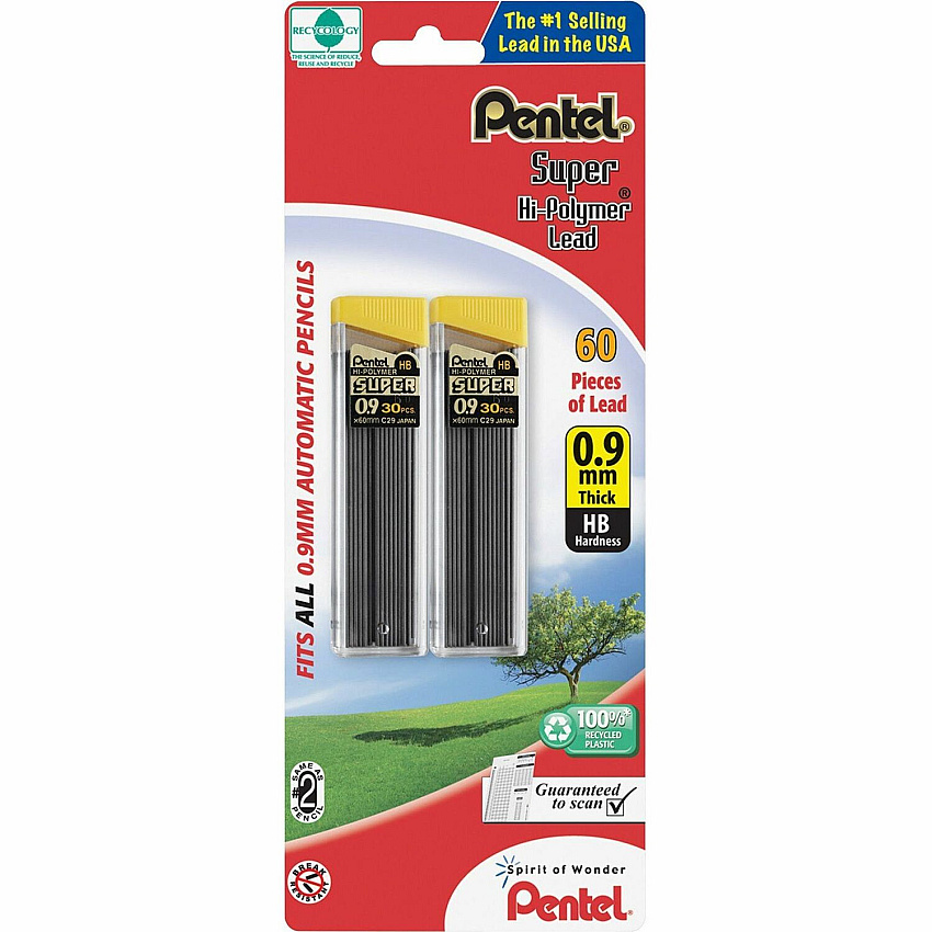 Pentel Super Hi-Polymer 0.9mm Lead Refill 0.9 mm , Bold Point - HB - Black Lead - 30/Tube - 1 Pack (C29BPHB2)